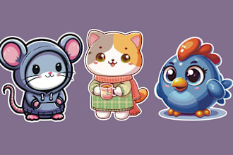 design cute stickers, chibi, cartoon characters and animals