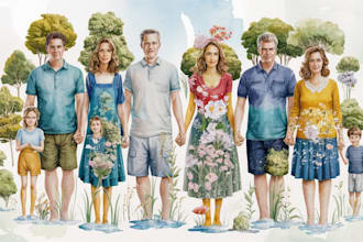 merge photos to watercolor family portrait illustration