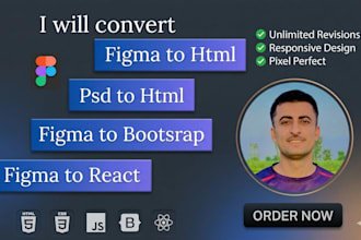 convert PSD or figma to HTML, react, bootstrap, responsive frontend
