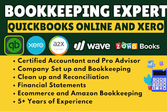 manage quickbooks online bookkeeping, setup, catch up reconciliation and payroll