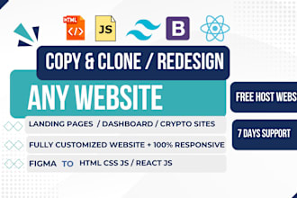 copy and clone website or create landing page in HTML CSS reactjs, and tailwind