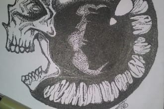 pointillist drawing with pen, black and white