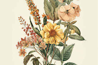 draw a botanical illustration of flowers, plants, line art