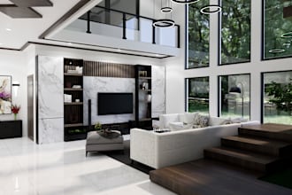 do living room interior design and 3d rendering