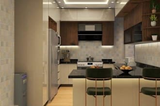 3d interior design of the living room, kitchen and dressing room