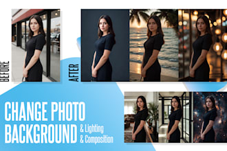 change photo background, tune lighting and do composition
