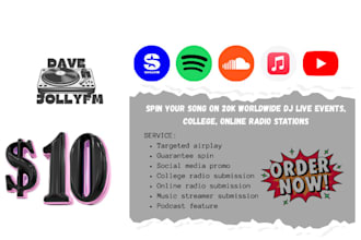 spin your song on 20k worldwide dj live events, college, online radio stations