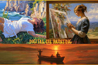 digitally oil paint, vintage portrait, landscape, illustrate