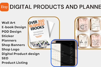 design etsy shopify digital products, mockups for digital planners and tshirt