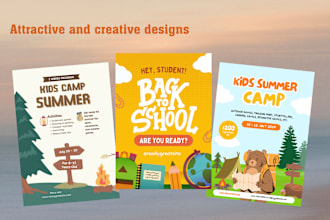 create kids summer camp, back to school, birthday and party flyers