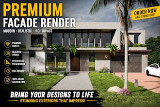design modern house facade, exterior elevation and 3d render