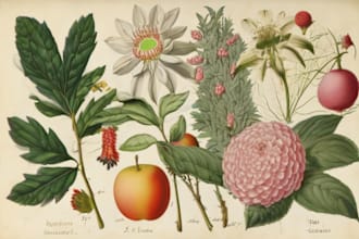 create botanical illustration of flowers, plants, and fruits
