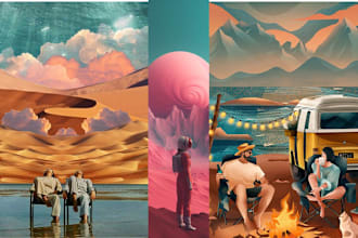 make art deco, vintage, retro, modern travel poster or landscape illustration