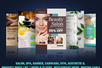 design salon, spa, barber, gym, food, price list or menu