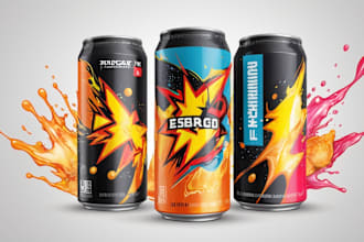 beverages, juice, energy drink, and soda can, label design
