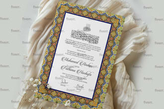 create lovely nikah nama, walima, or wedding invitation card