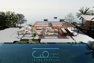 provide modeling, rendering for tropical landscape, boutique and peaceful house