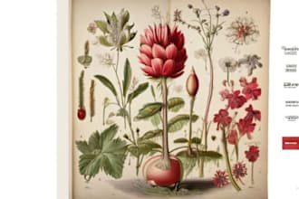 create botanical illustration of flowers, plants, and fruits