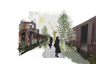 render architectural plans, sections, and diagrams on photoshop in collage style