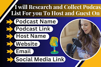 research and collect podcast list for you to host and guest on