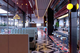 create realistic 3d render of restaurant