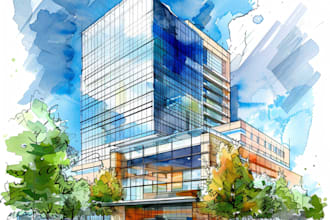 sketch architecture building with watercolor rendering