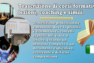 transcribe audio or video course, video coaching in italian and professionally