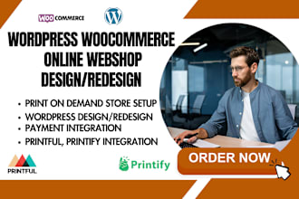 design wordpress woocommerce store elementor pro printful printify gelato seo