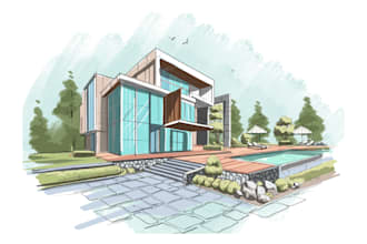 draw an architectural sketches of building interior and exterior