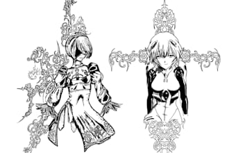 design a cybersigilism, tribal, agrogoth design with anime characters included