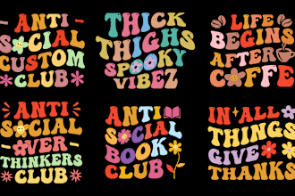 create retro wavy svg typography 70s hippie t shirt design