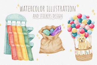 create watercolor illustration, watercolor stickers, watercolor icons, clip art