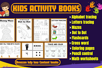 design kids custom activity books, worksheet, coloring books for kdp