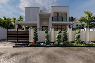 do exterior design, 3d render, front elevation , commercial building renderig
