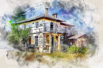 create house and building photo into watercolor art