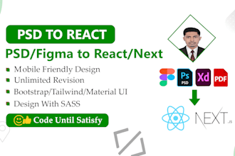 convert psd to react, figma to react, xd to react or nextjs landing page design