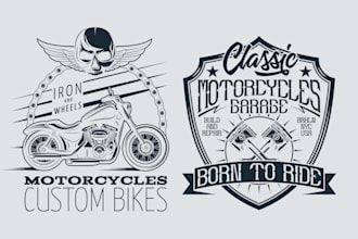 do hand drawn vintage skull motorcycle and vector logo