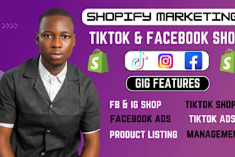 setup tiktok shop, facebook shop, instagram shop, tiktok ads shopify marketing