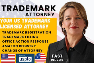 be your US attorney for trademark registration brand name, logo at uspto, amazon