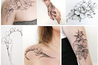 create floral, botanical tattoo design with my experience as a tattoo artist