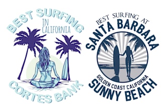 make hand drawn vintage logo with beach, summer and surfing