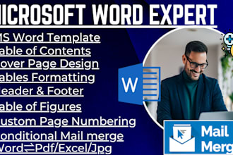 design microsoft word template formatting, layout, table of content, mail merge