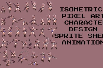 do isometric pixel art character design, sprite sheet and animation, pixel art
