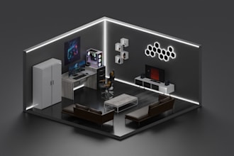 design 3d isometric gaming room and streaming room