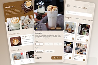 coffee shop app, bakery order app, watch shop app, shopping cart app