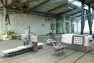 make 3d factory, commercial building, cgi warehouse, interior design, 3d render