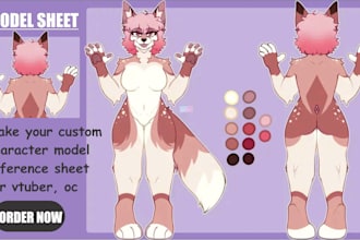 draw custom furry, fursona, chibi character reference sheet for vtuber, twitch