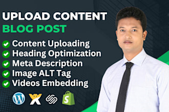 upload content, blog post on wordpress, wix, squarespace and shopify website