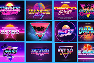 do 80s retro futuristic vintage logo,chrome and neon synthwave,70s 90s for you