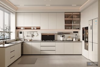 kitchen, living room design and 3d rendering